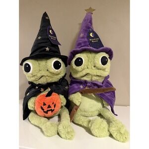 Moonlight Manor Frog Wizard & Frog W/ Pumpkin Plush Green/Purple Halloween NEW
